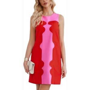 Tuckernuck | Womens Small | Vibrant Red and Pink Wave Midi Dress | Shift Dress